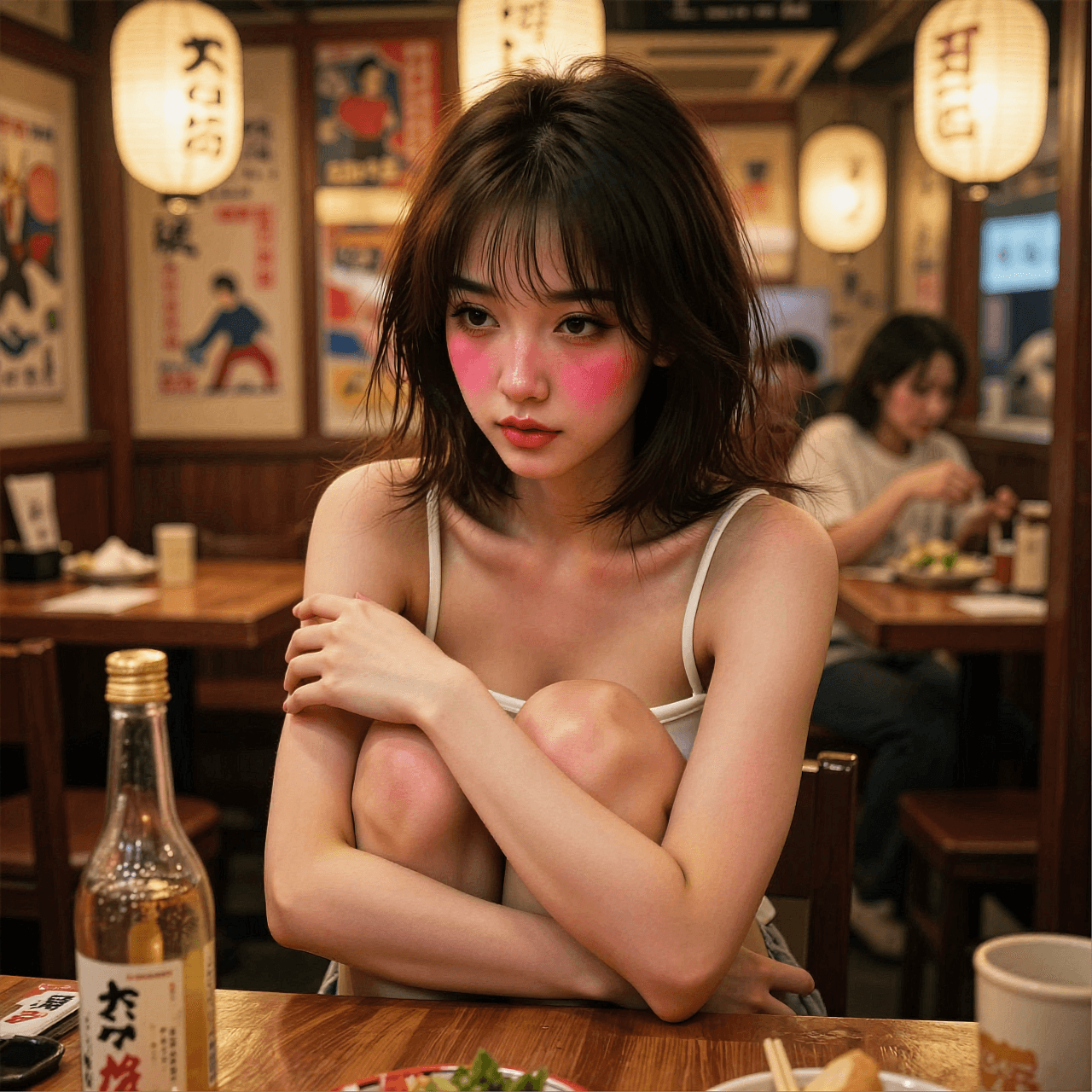 AI generated: A highly detailed, photorealistic, cinematic vertical medium shot of a beautiful young woman sitting...