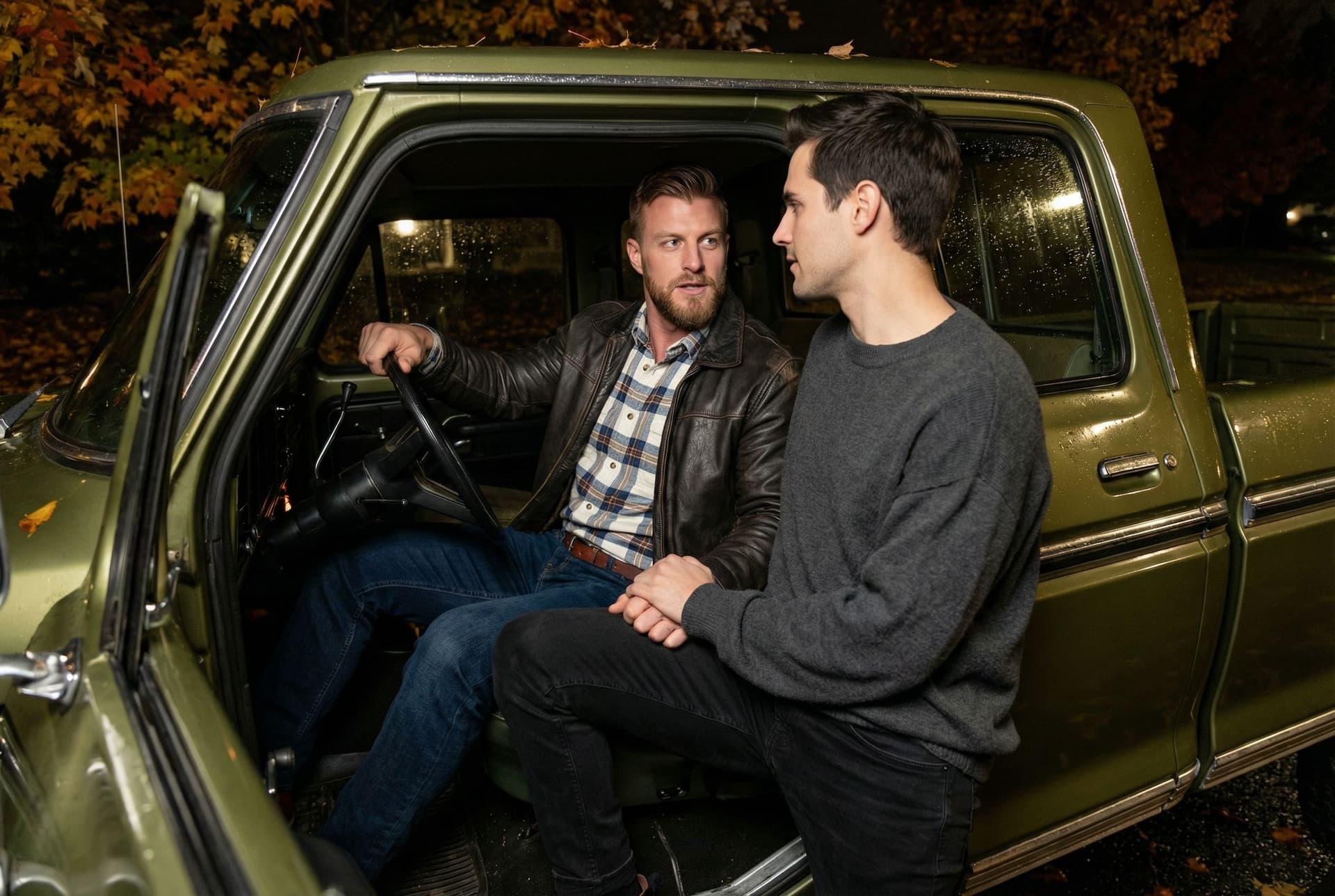 AI generated: In an Autumn night, the model is driving a Ford olive green pick up truck. 

He is driving the pick ...