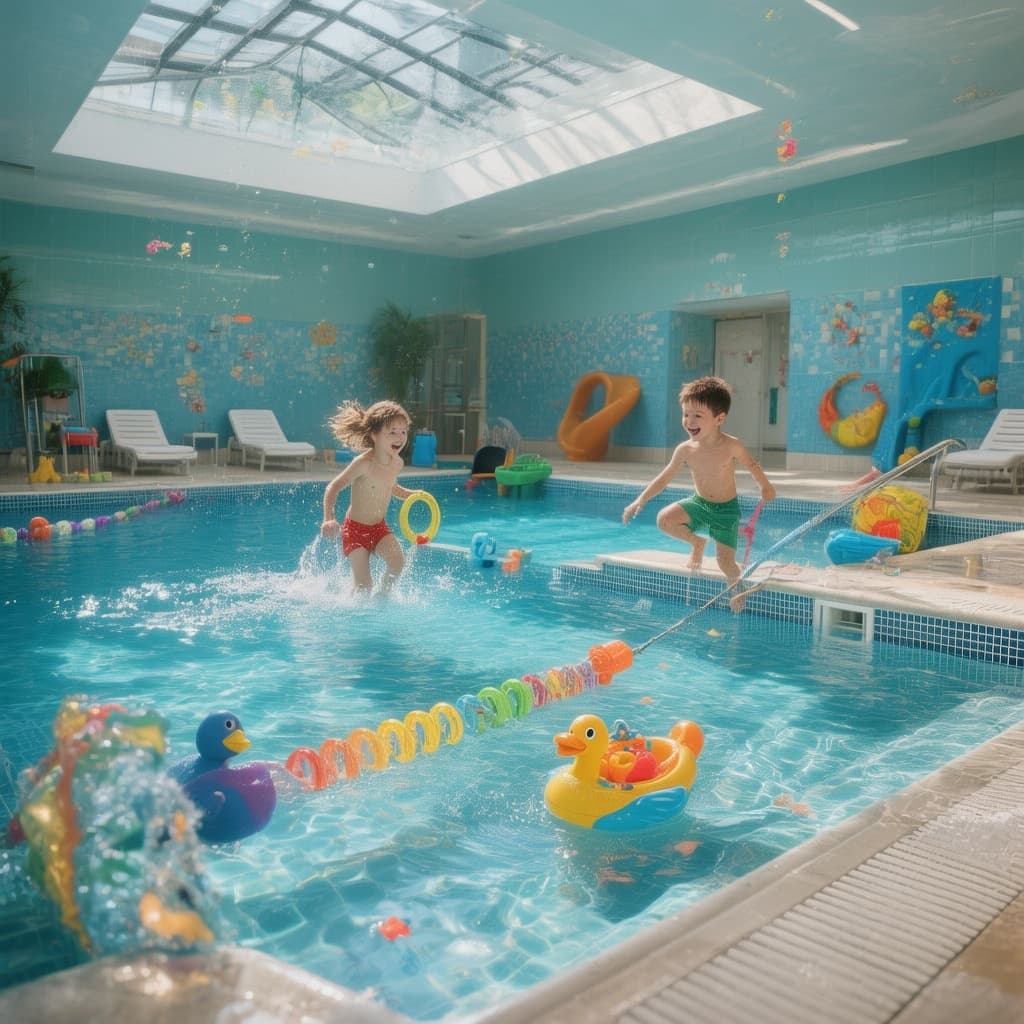 AI generated: indoor swimming pool, kids, toys