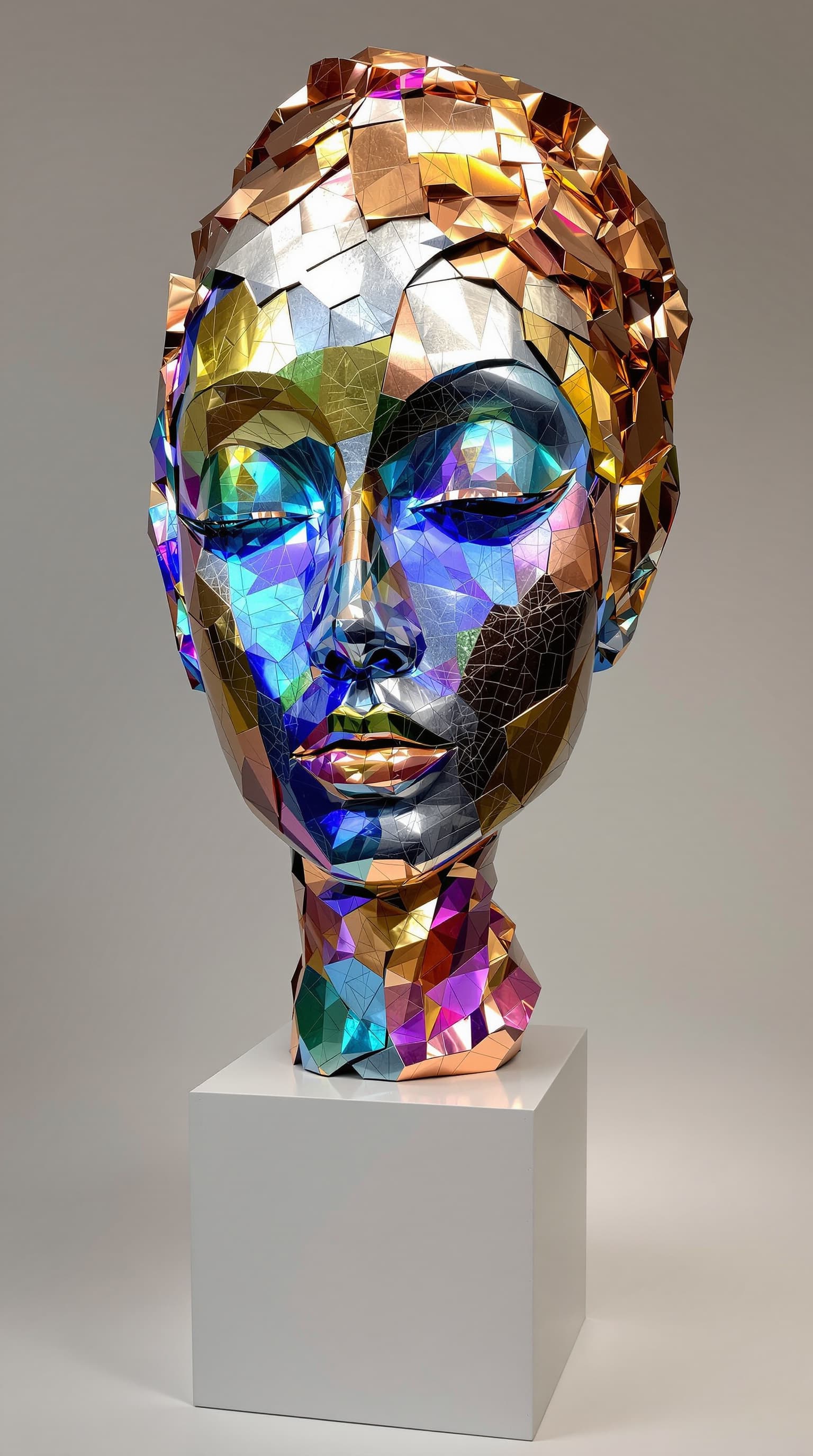 AI generated: An exquisitely crafted abstract face sculpture gleams with vibrant colors of copper, platinum, gold,...