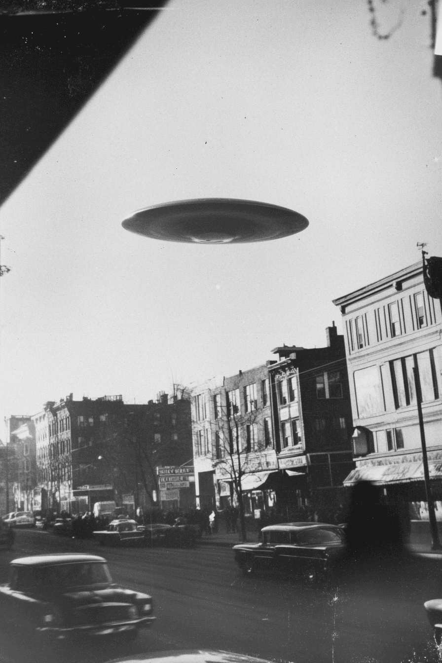 AI generated: 50's casual black and white photography of a UFO flying over a city, --ar 2:3