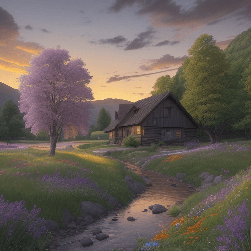 AI generated:  a landscape image during sunset with a small river flowing through a green meadow filled with wildf...