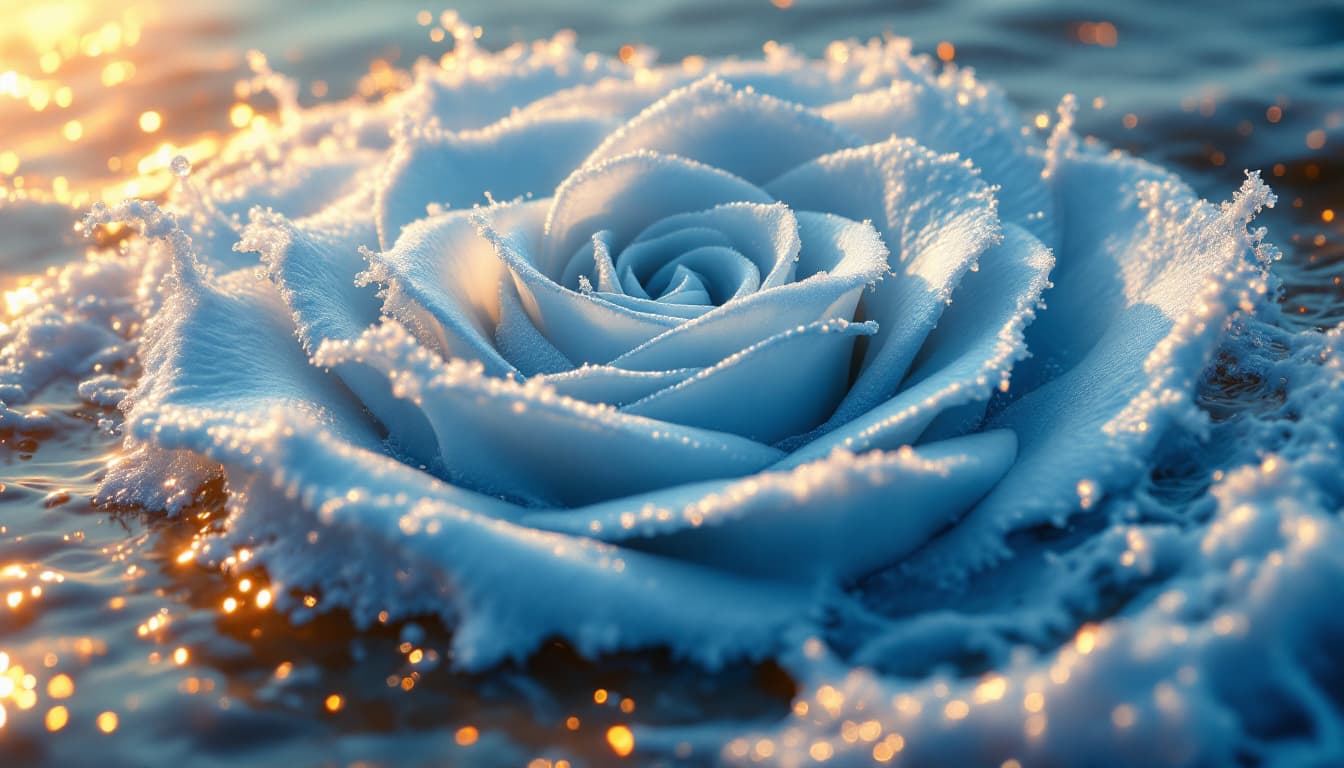 AI generated:  sea scape and giant rose pattern ocean wave with sea foam, in a shape of a rose, crashing on the sh...