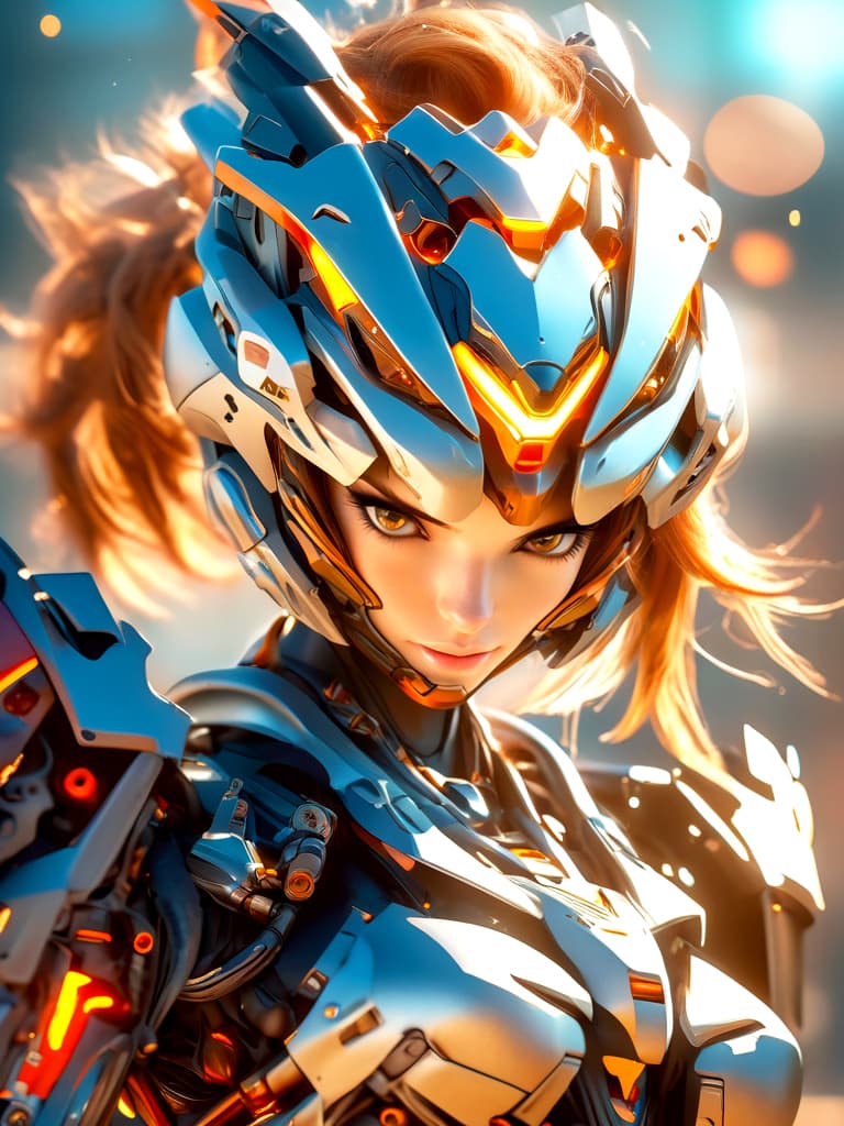 AI generated: Photo of a cute mecha girl, with short red hair, deep look taunting smile, ready to battle, grey-sil...