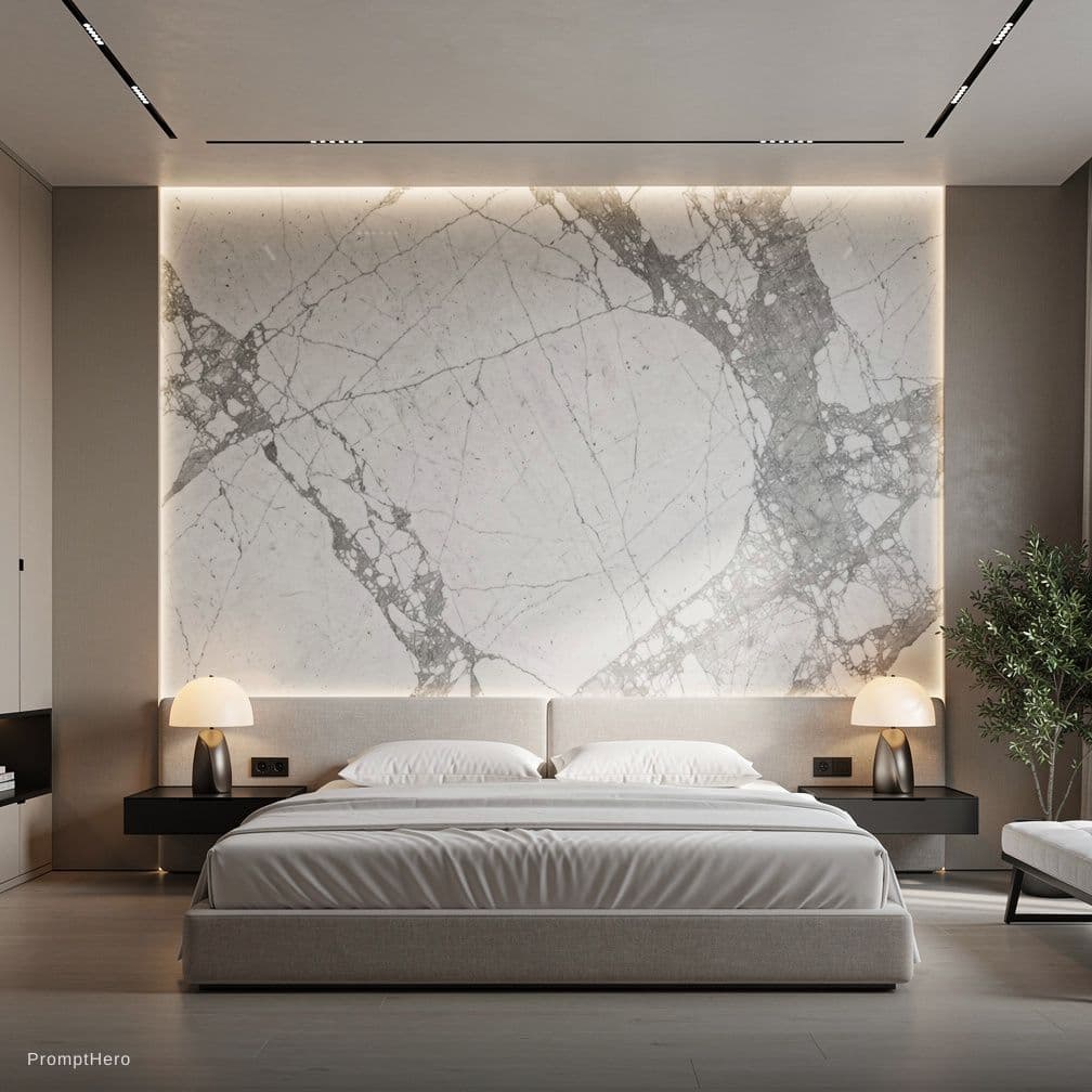 AI generated: high resolution photo, vertical composition, wide room view minimalist luxurious bedroom, large bed,...