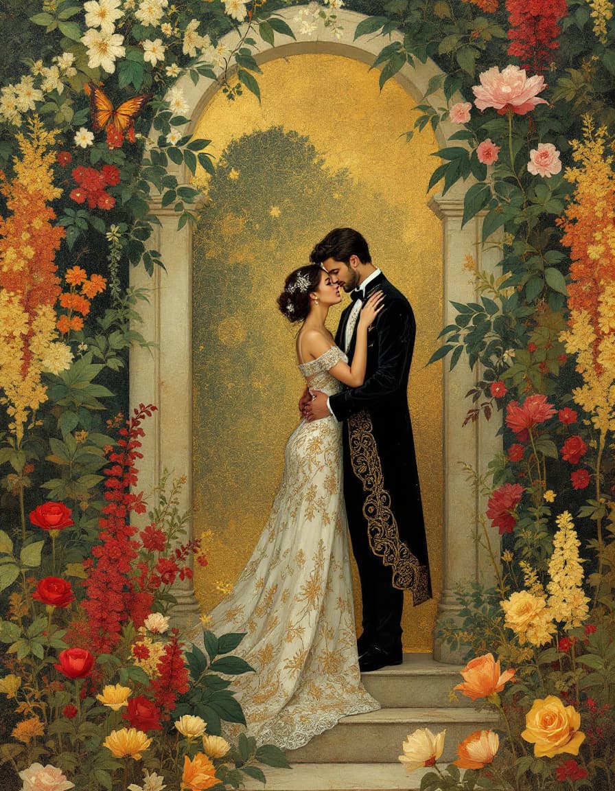 AI generated: "Uma pintura digital em proporção 3:4, inspirada no estilo de Gustave Klimt, retratando um casal apa...