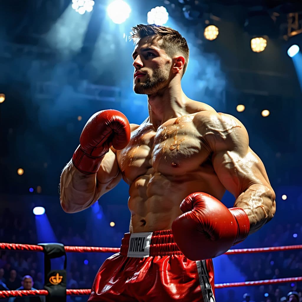 AI generated: A muscular boxer in the ring flexes his chiseled biceps, sweat glistening under intense spotlight. T...