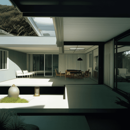 AI generated: Hyper realistic eye level exterior photo of a mid century modern style house overlooking the ocean, ...