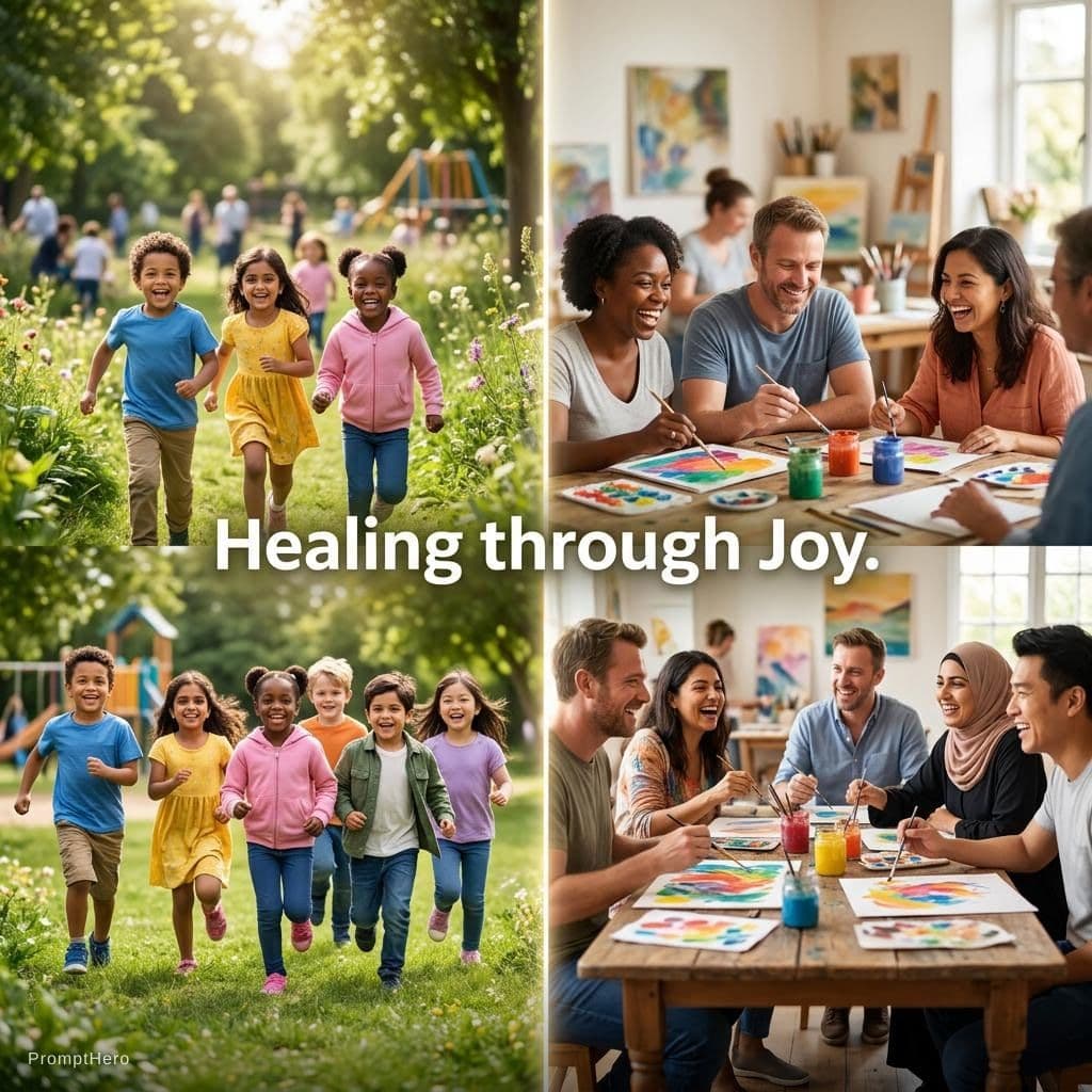 AI generated: A split-screen visual intro. Left side: a diverse group of kids laughing and running in a sunny park...