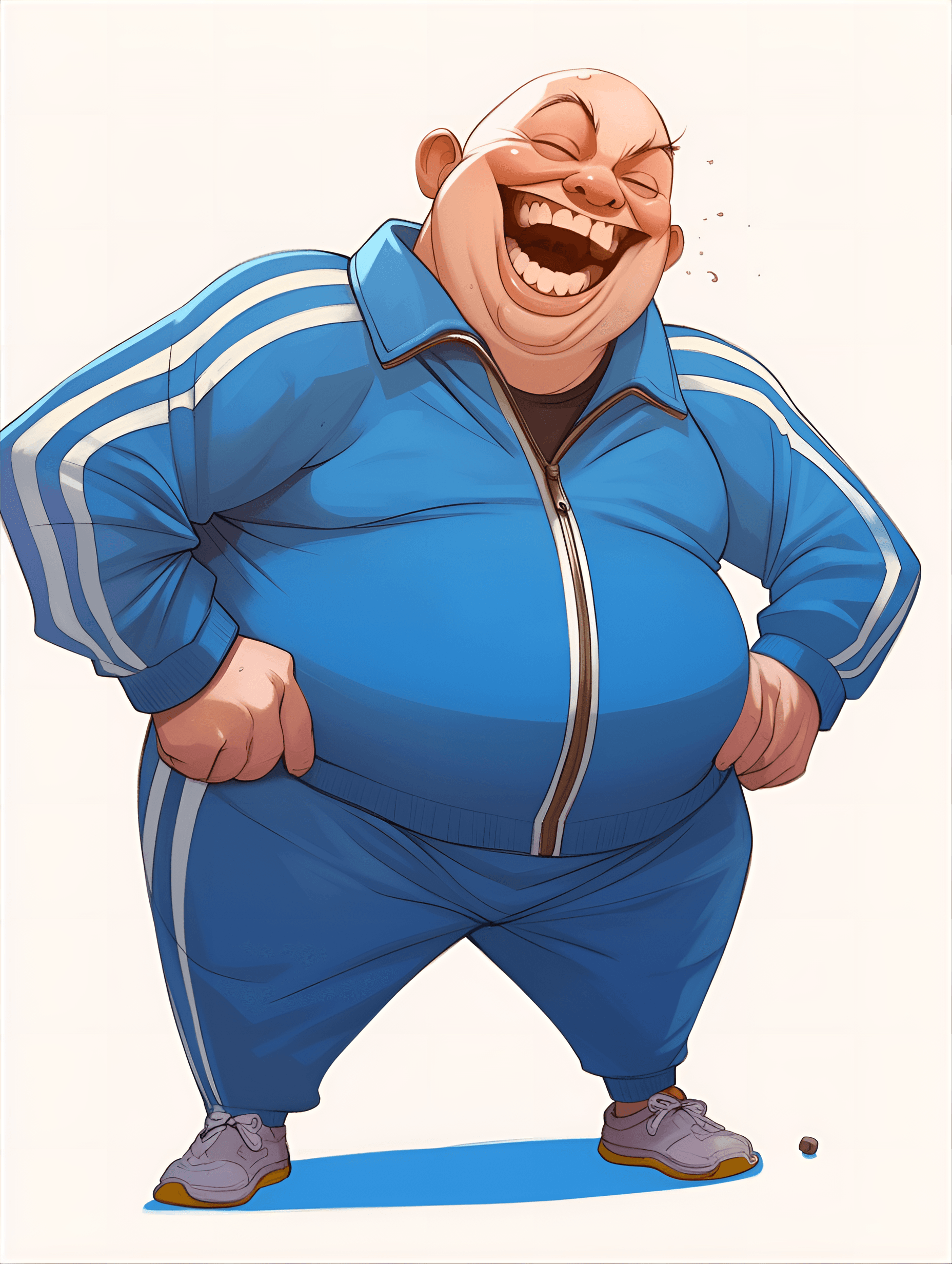 AI generated: funny caricature, laughing big man caricature, middle-aged caucasian male, 50 years old, balding, bl...