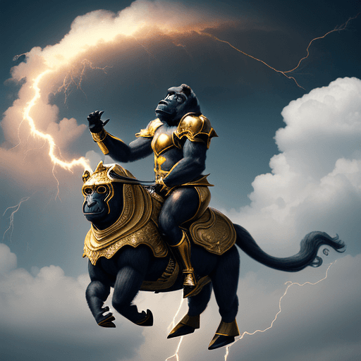 AI generated: A gorilla wearing a golden armor riding a cloud dolphin in the sky. Cinematic lightning --v 5.1