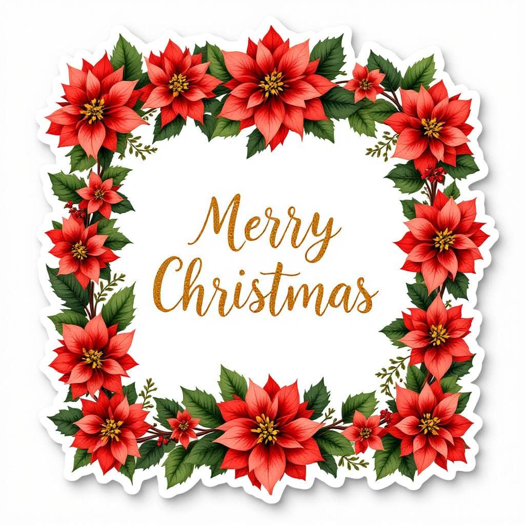 AI generated: Rectangular frame made of poinsettia flowers and green leaves, with “Merry Christmas” centered insid...