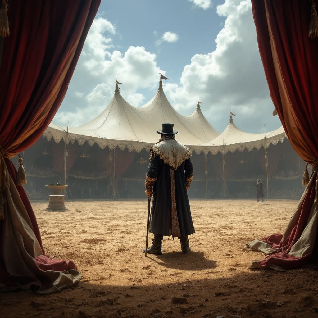 AI generated: a realistic, detailed picture of a showman in an empty curcus tent