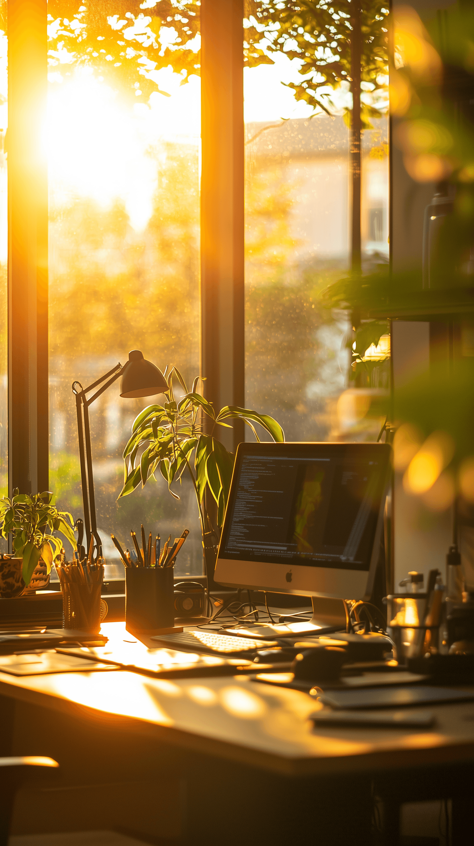 AI generated: realistic photograph, lazy afternoon, sunlit at the co-working office desk, warm rays streaming in t...