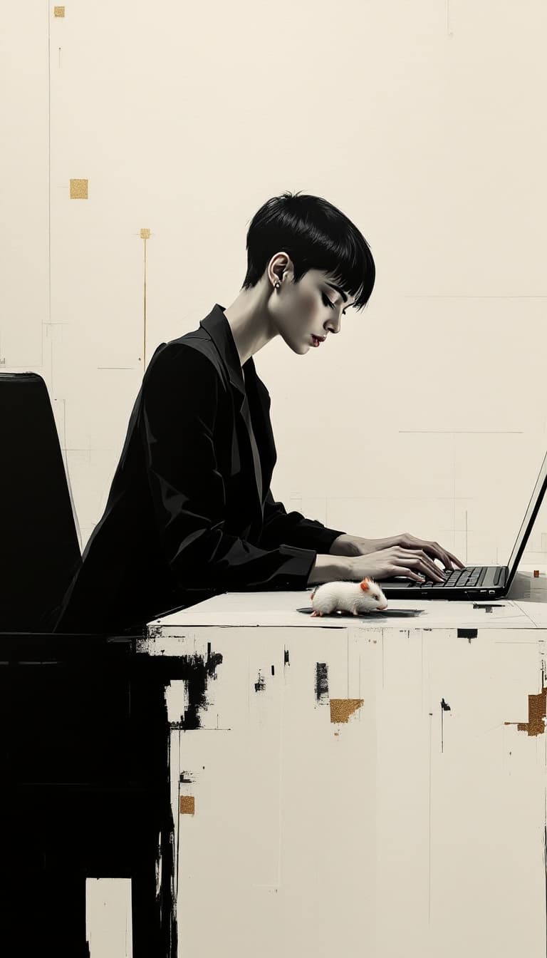 AI generated: A cinematic abstract painting of a focused woman with a sleek, pixie cut. She is wearing a tailored ...