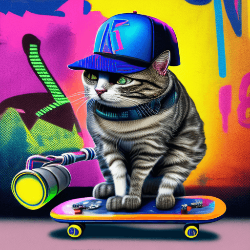 AI generated: Cyberpunk style, a cat standing on a skateboard, wearing a backwards baseball cap and holding a boom...