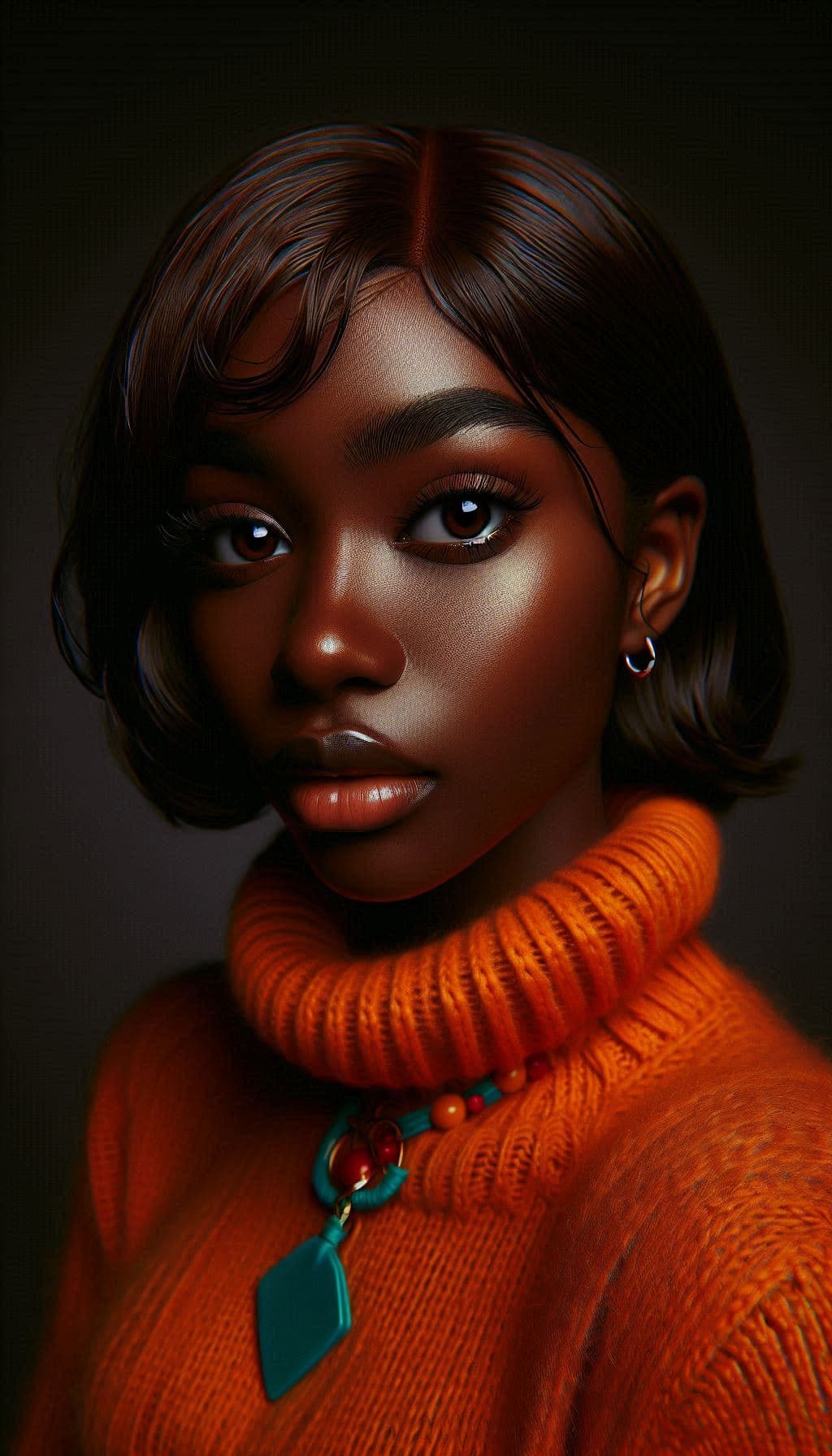 AI generated: brown skin tone, south Asian, amstrongjunior003 from scooby doo, portrait, orange sweater, sharp foc...