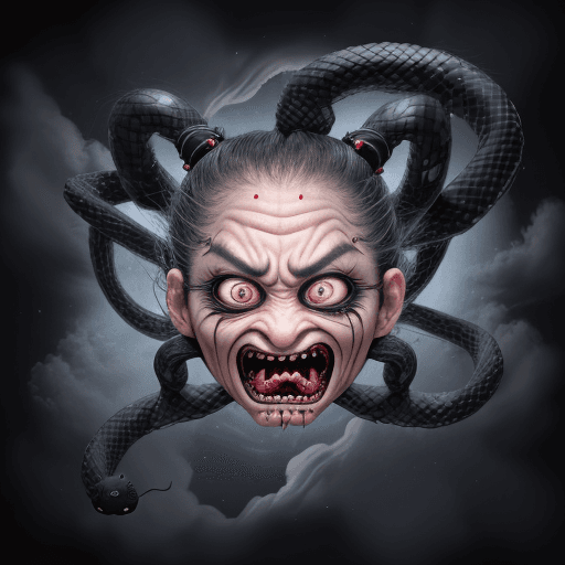 AI generated: Mistic ninja in shock, hair made entirely of skinny snakes, mistery  expresive eyes, small nose with...