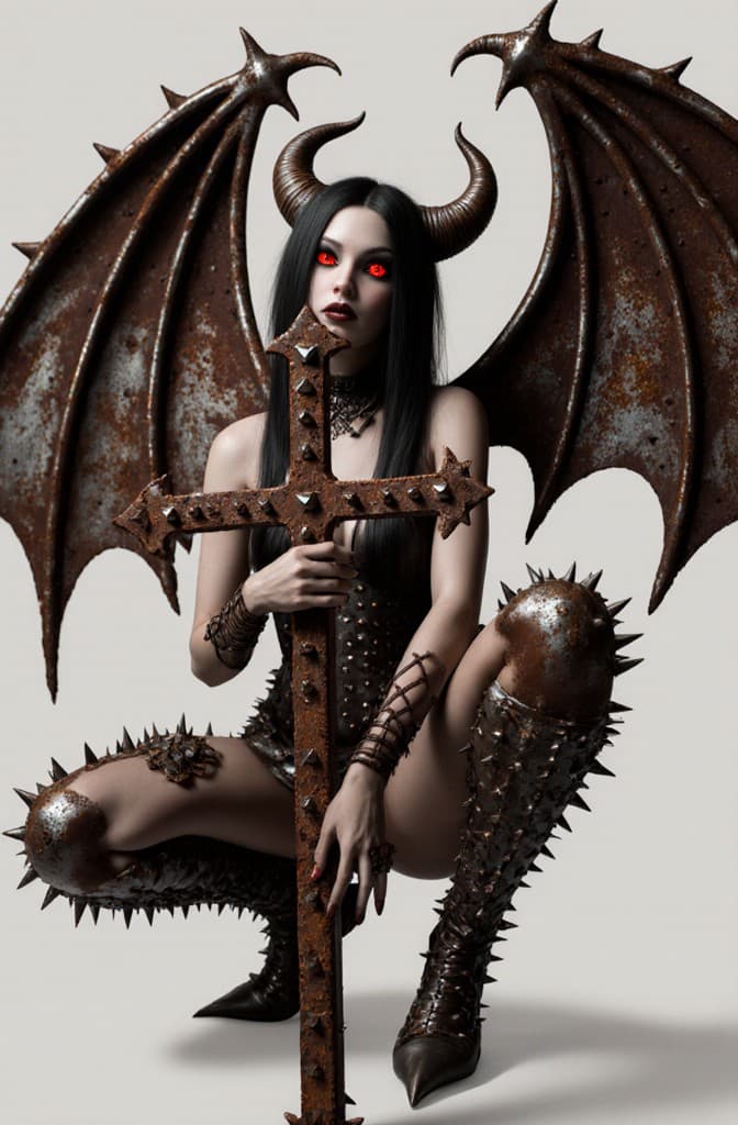 AI generated: Goth punk stunning female made of rusty metal and iron spikes, massive demonic horns, glowing spooky...