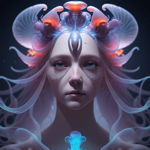 AI generated: Goddess close-up portrait ribcagel. jellyfish phoenix head, nautilus, orchid, skull, betta fish, bio...