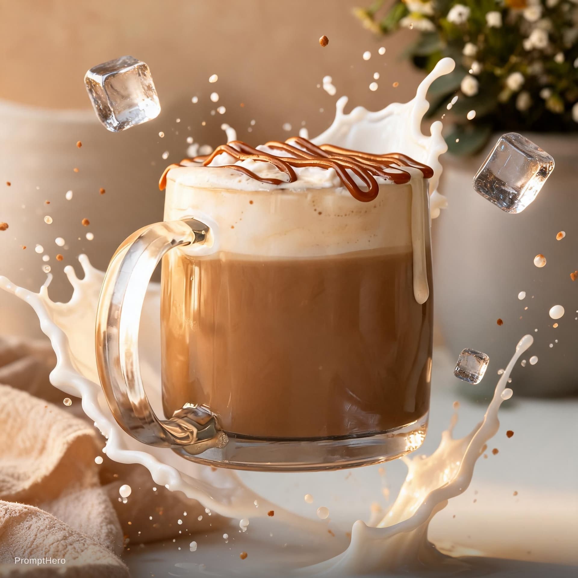AI generated: Ultra realistic floating 3D ad of a creamy latte drink, with elegant elements related to the product...