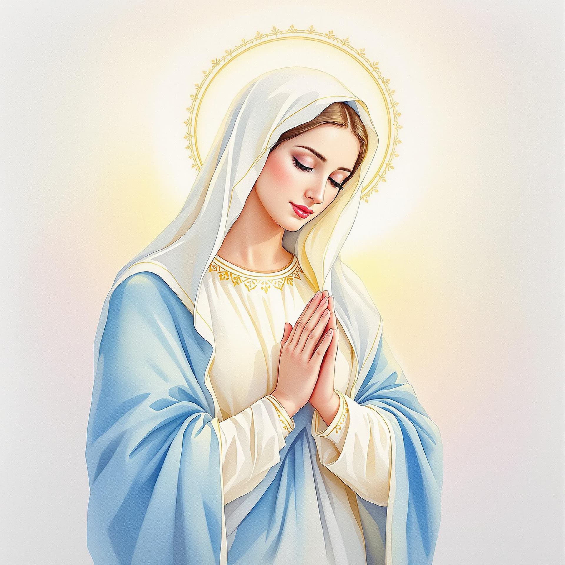 AI generated: A watercolor painting of the Virgin Mary, depicted in a contemplative pose, with her hands clasped i...