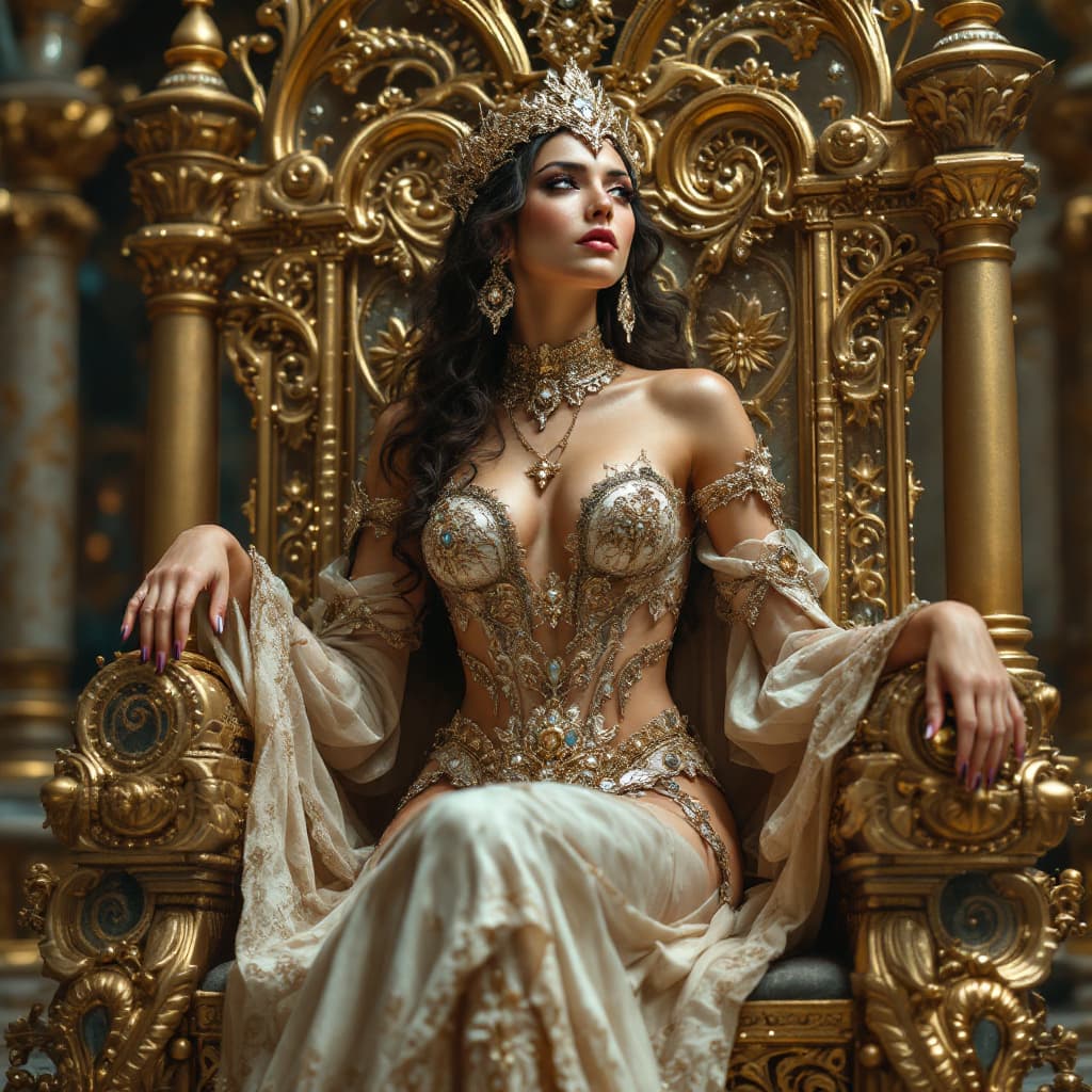 AI generated: Fantasy woman,goddess of love and erotic  on a glass,golden throne, epic giant ,intricate details, o...