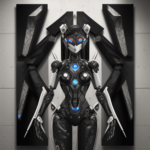 AI generated: female character, robotic expressionist style, black obsidian and white steel, interlocking artifact...