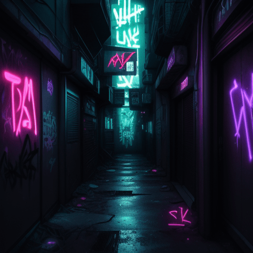 AI generated: A dark dystopian alleyway with broken neon lights with graffiti of the word BLAD3RUNN3R