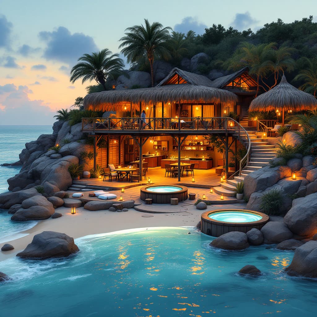 AI generated: A high-quality illustration of a cozy and bohemian beach bar terrace nestled above the beach, separa...