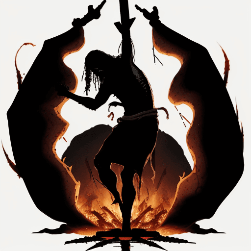 AI generated: a black silhouette of Jesus (head hanging down) nailed to the cross (nail in both of His wrists and ...