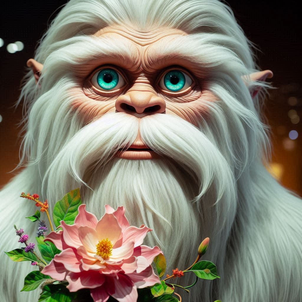 AI generated: A yeti with long, flowing white hair, a matching mustache, and a beard, staring intently with wide, ...