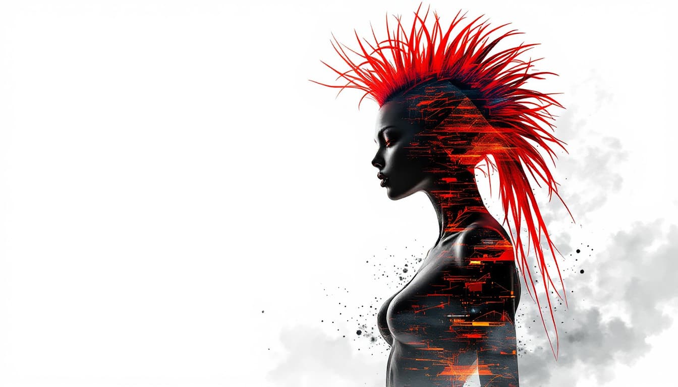 AI generated: Double Exposure illustration: A silhouette of a beautiful, slim and fit, stunning Alien obviously fe...