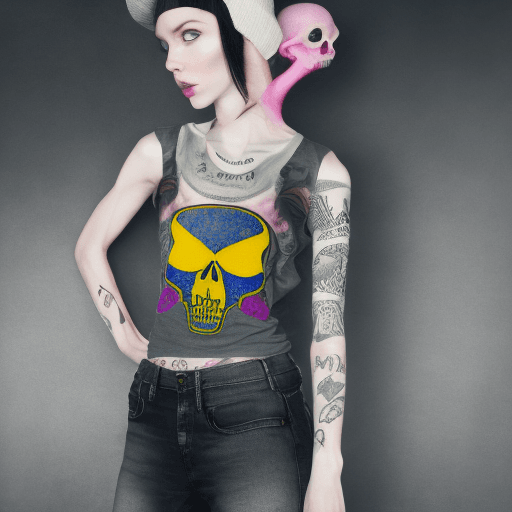 AI generated: Young, very thin, pale girl, toned up of light way, fighter, tattooed, very beautiful, of yellow lum...