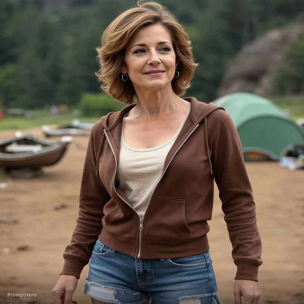 AI generated: show the woman from the reference image in the same pose and scene, with her sweatshirt mostly open,...