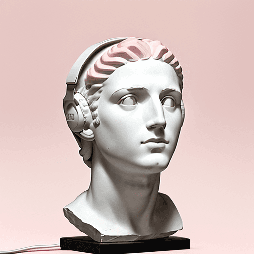 AI generated: Plaster head of David, white Marshall headphones,on Doric order, pink background --ar 4:5 --q 2