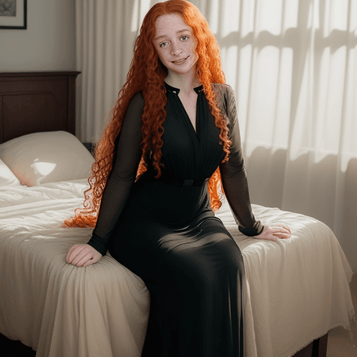 AI generated: full body photo ((extremely attractive)) woman, long curly ginger hair, perfect eyes, (freckles:0. 2...
