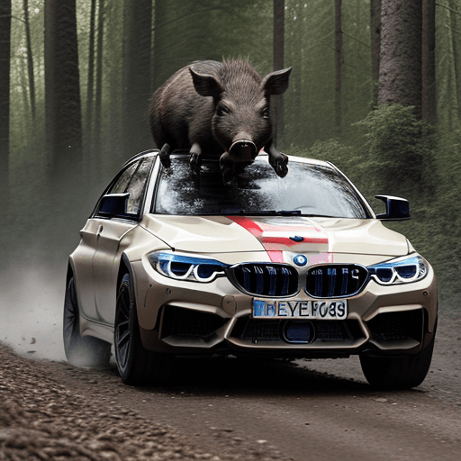 AI generated: big wild boar (animal) that runs though the forest, he should handle poland flag and BMW M label sho...