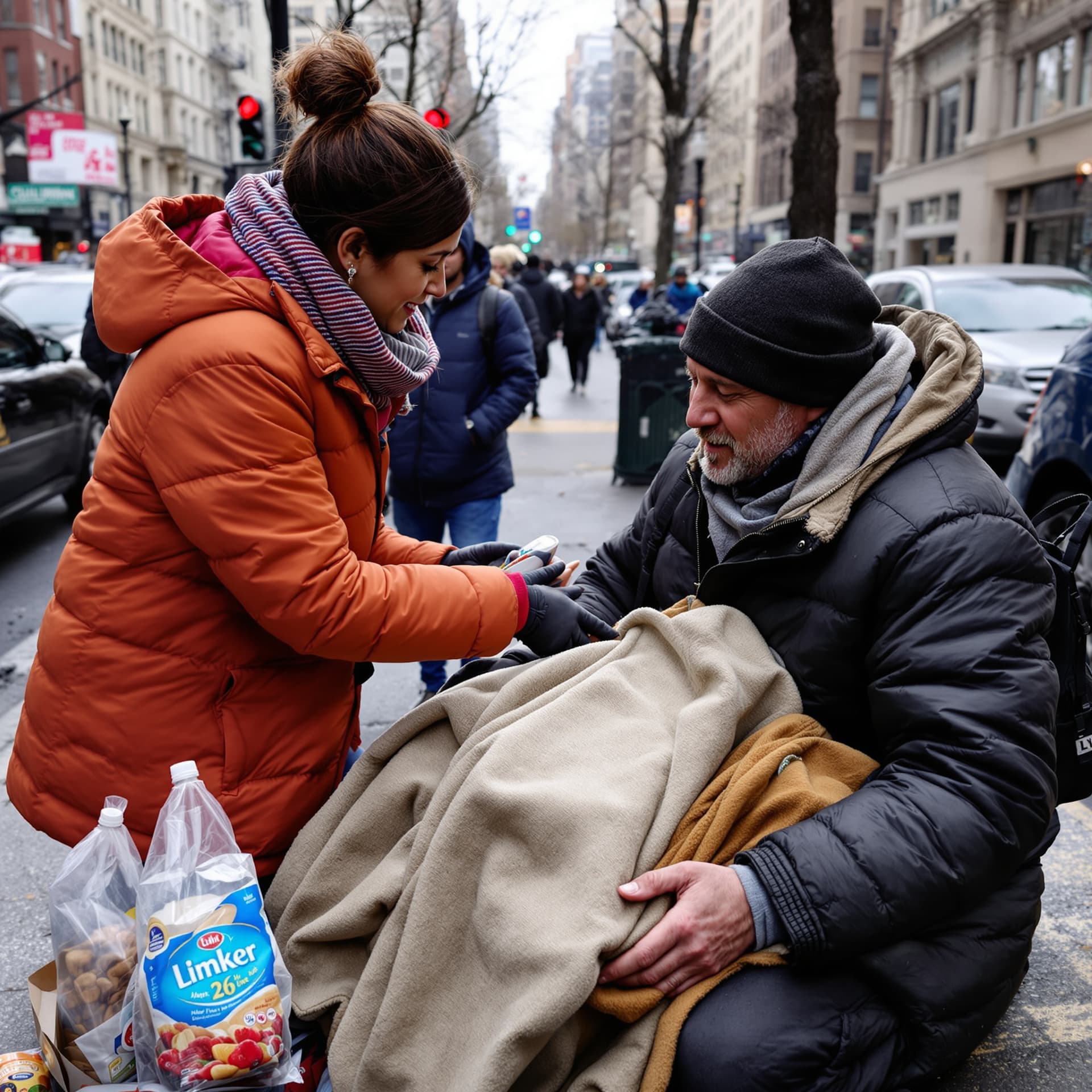 AI generated: A woman helps a homeless man with a blanket who has been in New York and gives him food.