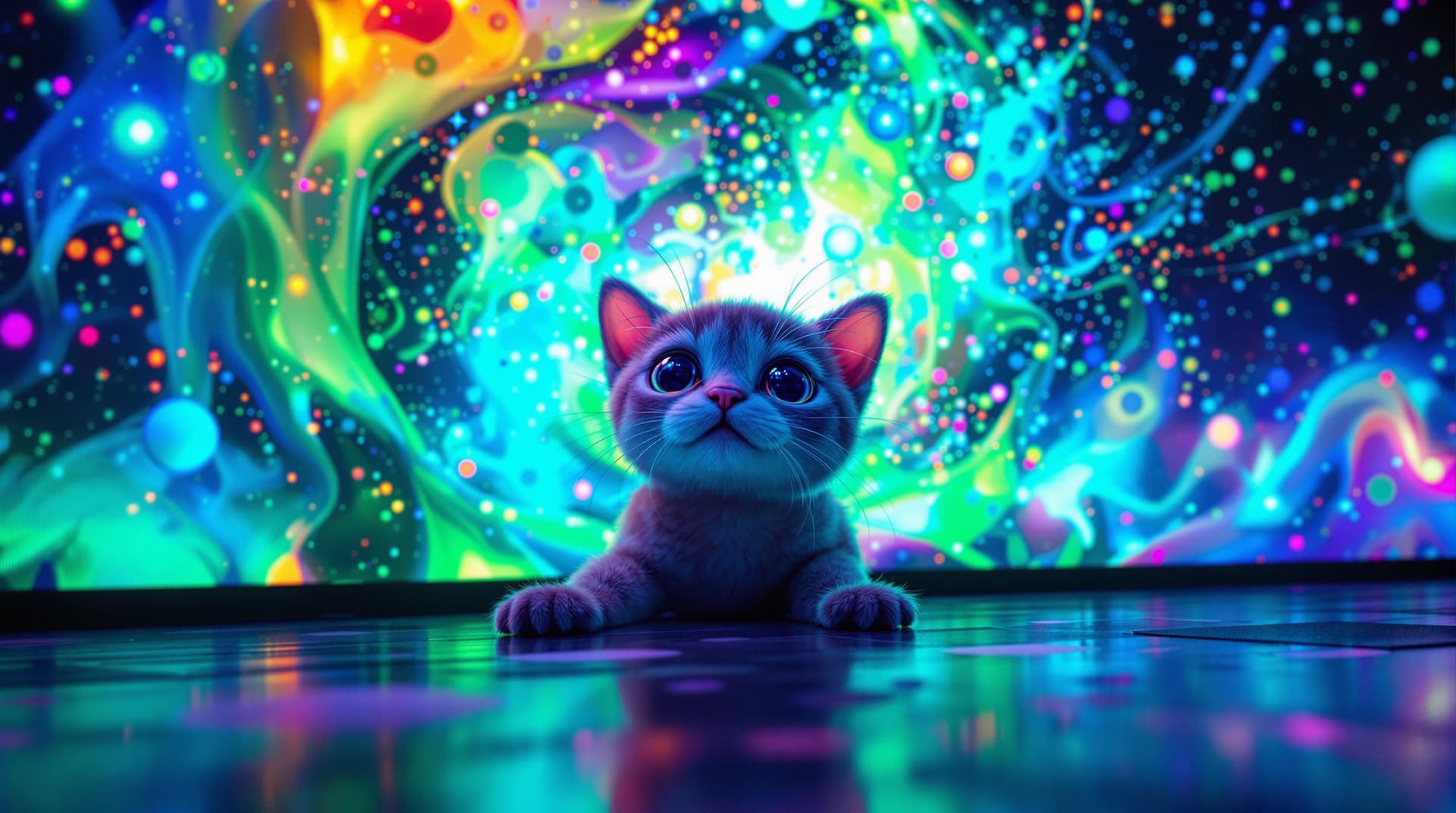 AI generated:   hyperrealistic, adorable cute creature emerges from a giant LED screen displaying a surreal, quant...