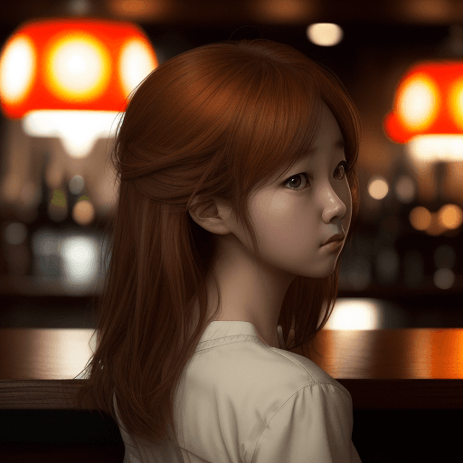 AI generated: girl in the bar looking away, in the style of hallyu, soft, romantic scenes, zeiss batis 18mm f/2.8,...