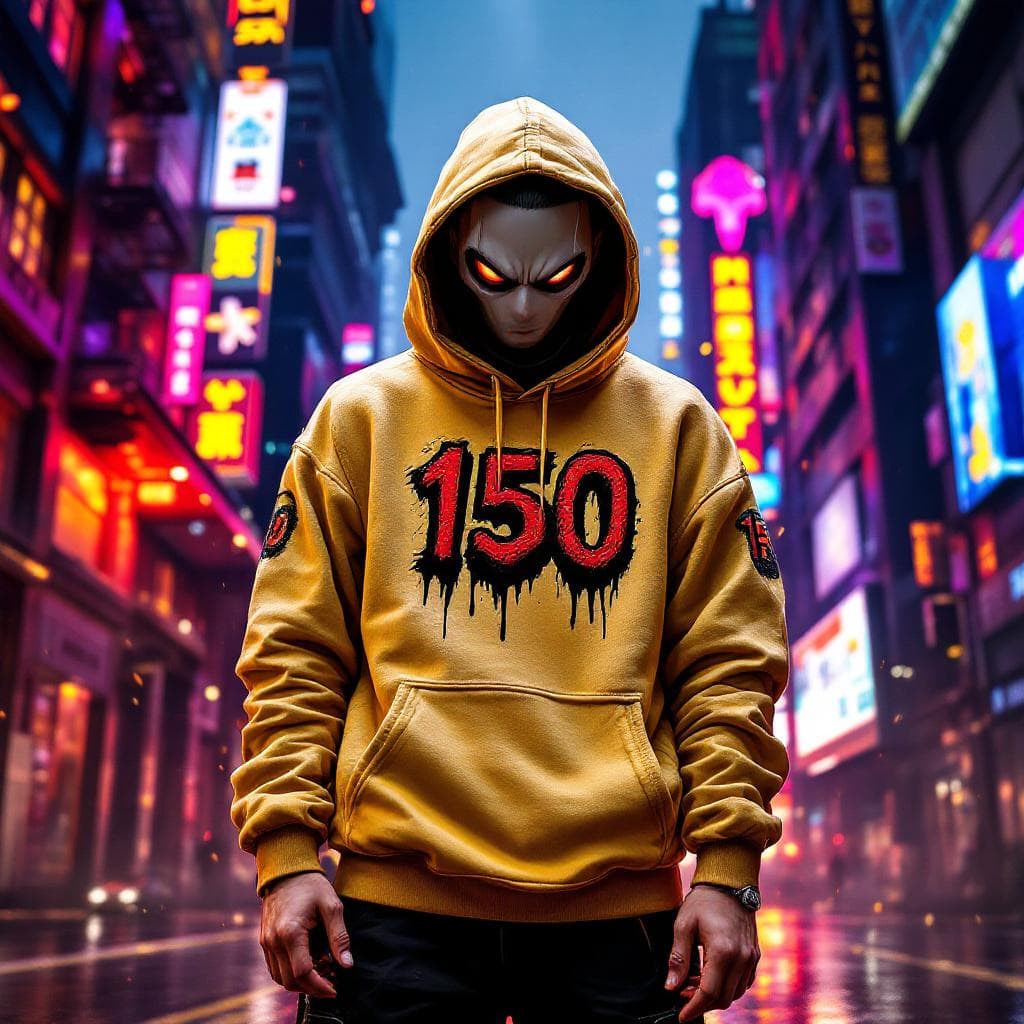 AI generated: cyberpunk GTA, DRAGON BALL GT BROLY  CHARACTER,  WEARING A SWEATER  WITH THE TEXT  "150" WITH HORROR...