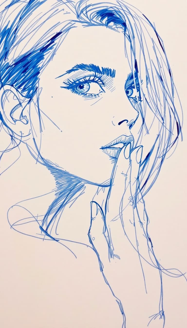 AI generated: girl, blue pen drawing, sketch