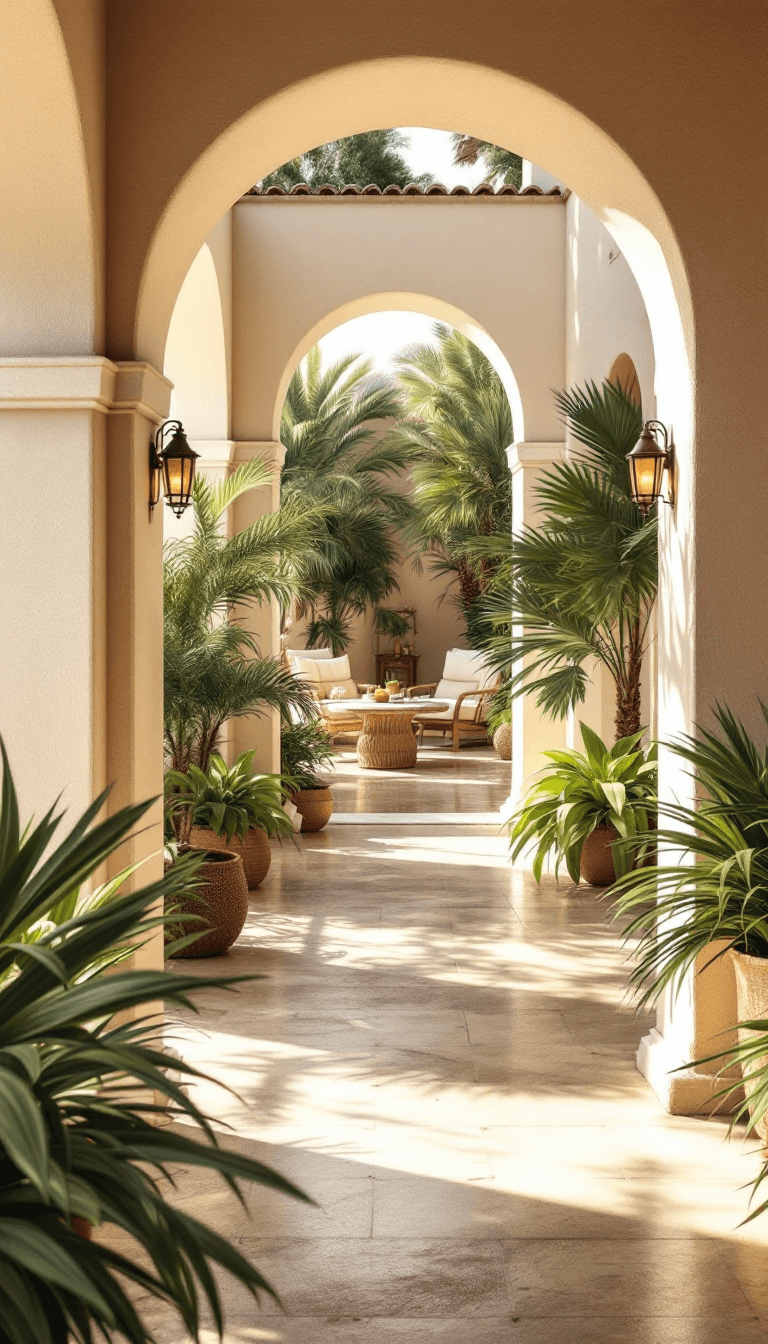 AI generated: photo of a gorgeous sunlit indoor patio of a spanish finca, mallorca, tropical, palmtrees, summertim...