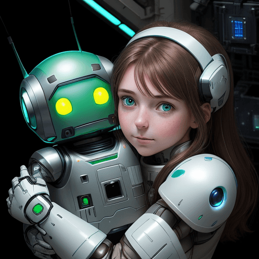 AI generated: 
a girl with brown hair, green eyes wearing white robotic armor hugging her smal robot friend inside...