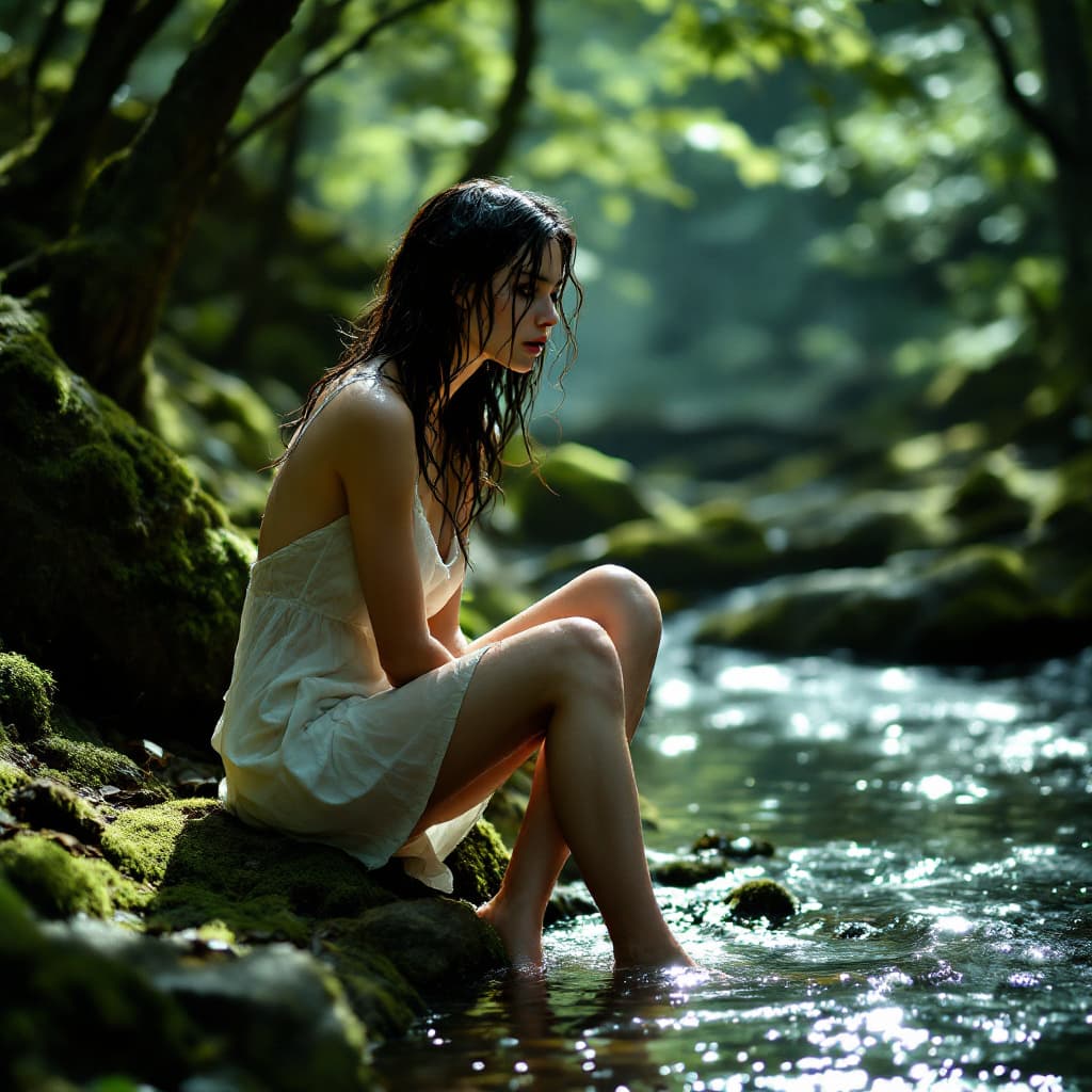 AI generated: A woman with wet, dark hair and a soaked summer dress sits barefoot on the bank of a serene stream, ...