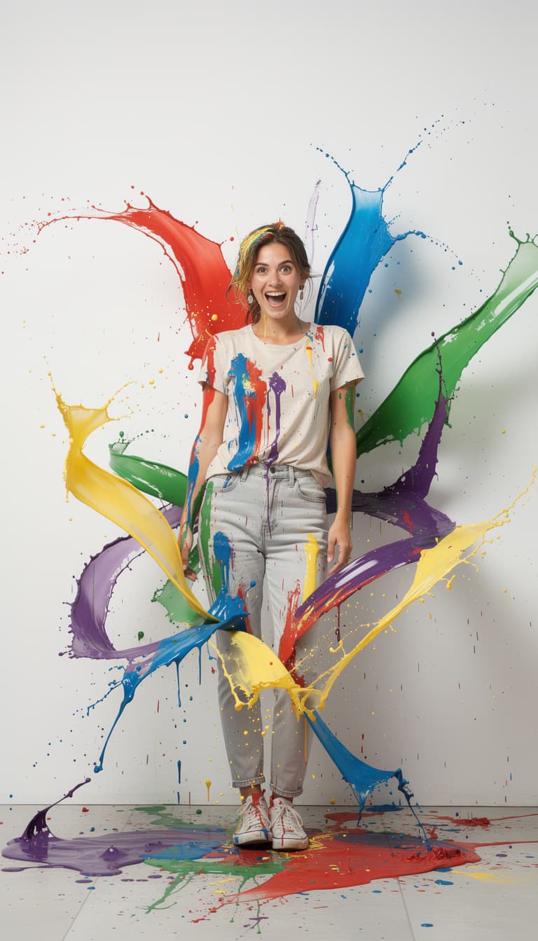AI generated: a full body photograph of young female looking at the viewer, standing against a plain white wall. T...