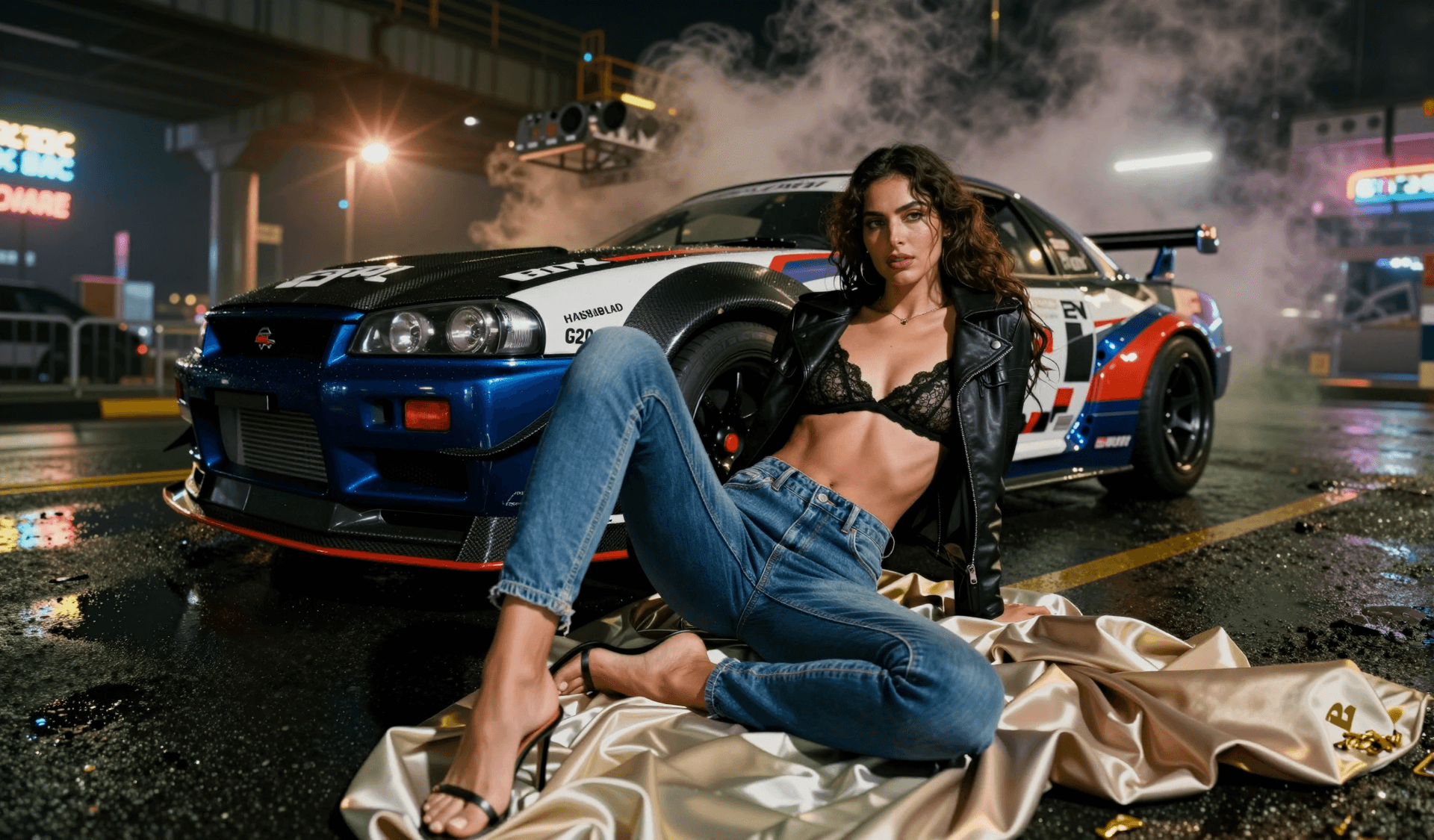 AI generated: Automotive editorial featuring a woman in full body tight denim jeans and cropped leather jacket, Se...