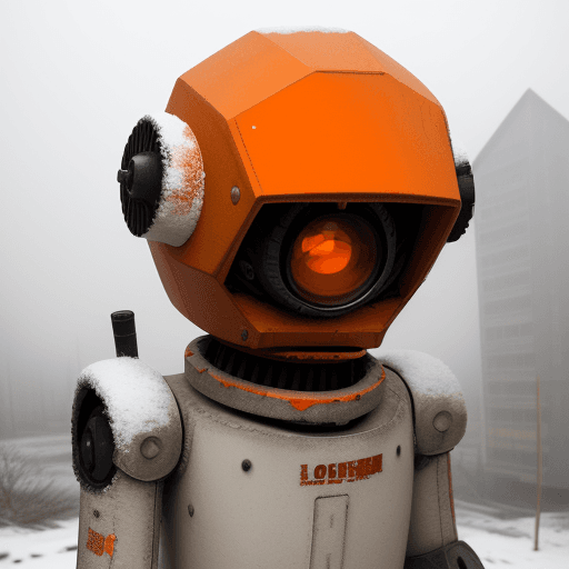 AI generated: post apocalypse, close up shots, lov angles, a orange robot, snowy, foggy