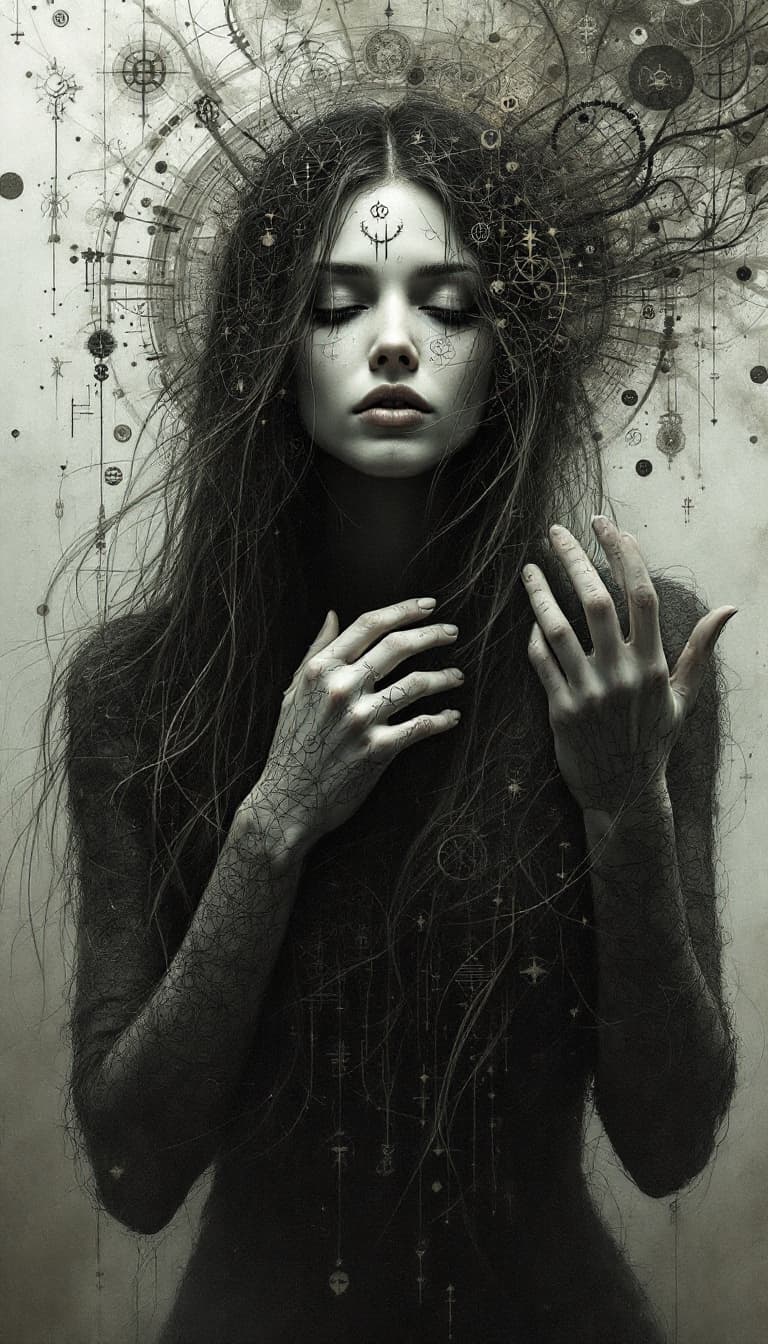 AI generated: Surreal Portrait: The Mind Weaver, a deeply evocative digital portrait of a woman whose form seems t...
